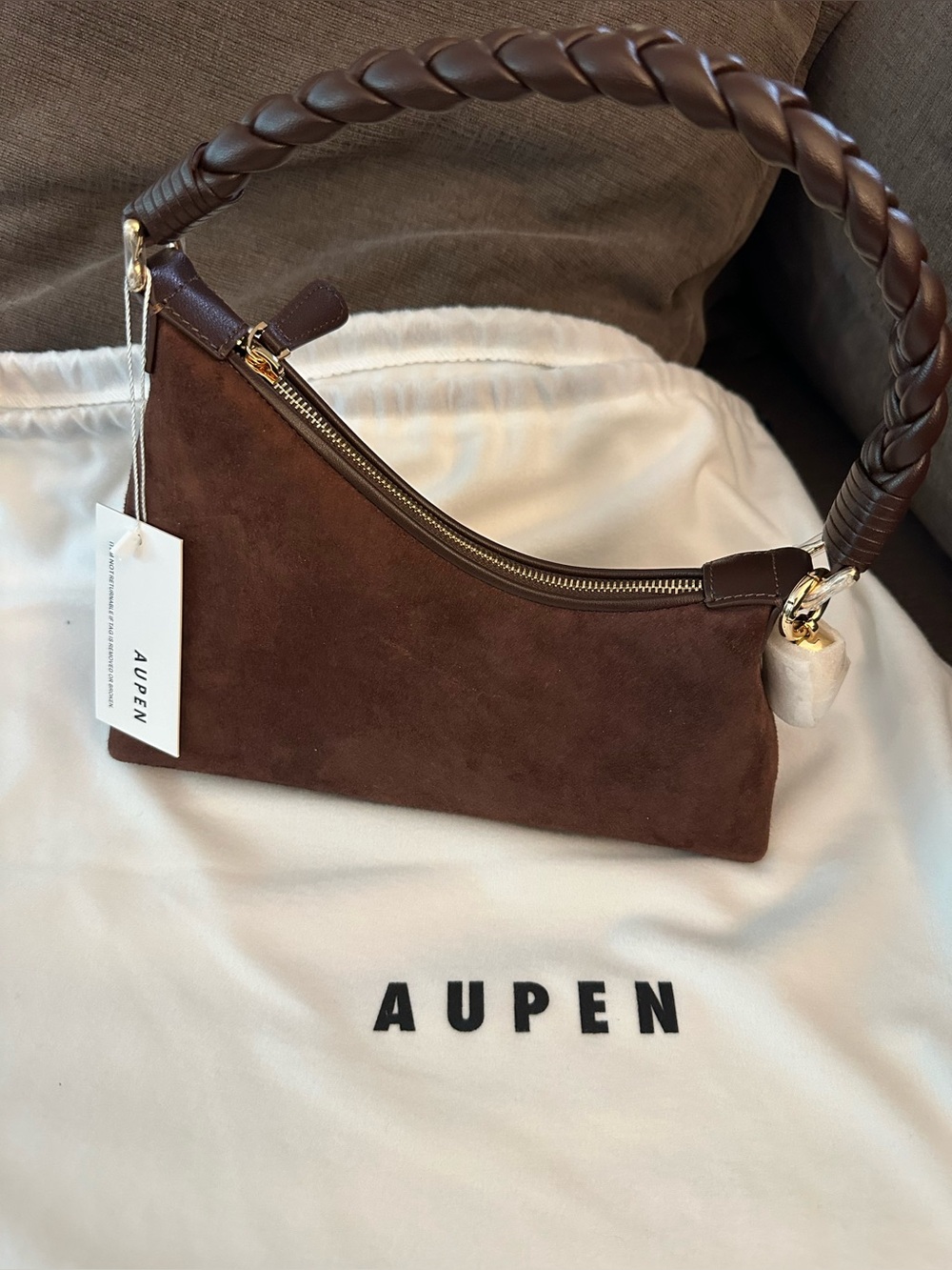 AUPEN NIRVANA SUEDE CHOCOLATE Calfskin Leather Lamb Suede Gold-Tone Metal - Picture 3 of 5